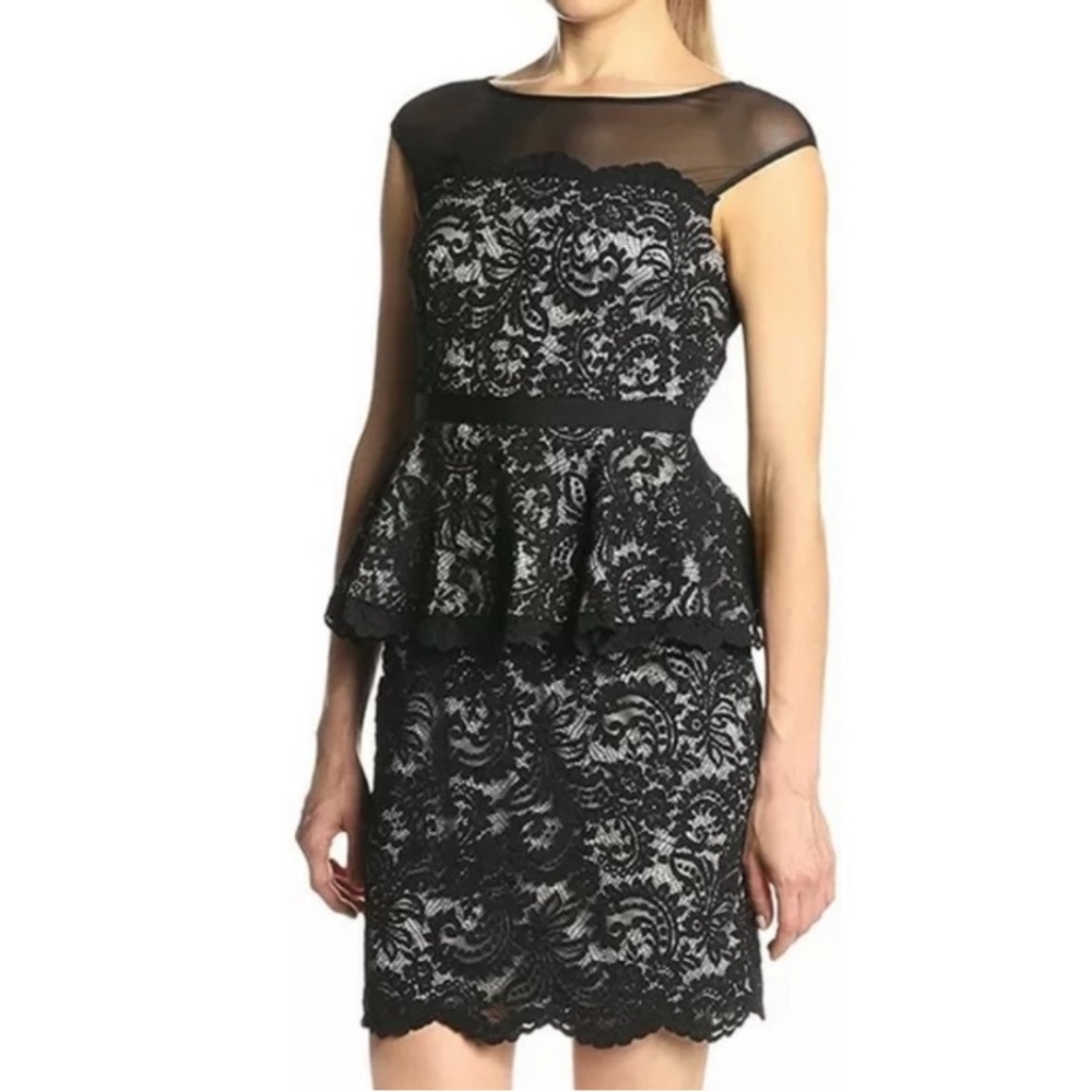 Eliza J Black Illusion Peplum Lace Sleeveless Sheer Top Dark Floral Dress